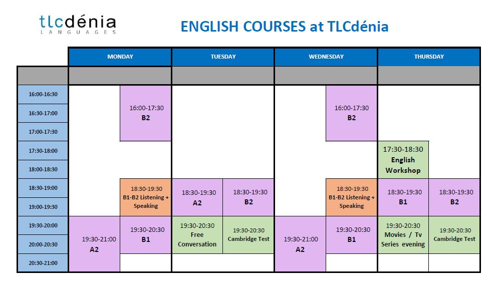 Schedule English course in Denia 2017-2018 - TLC Dénia